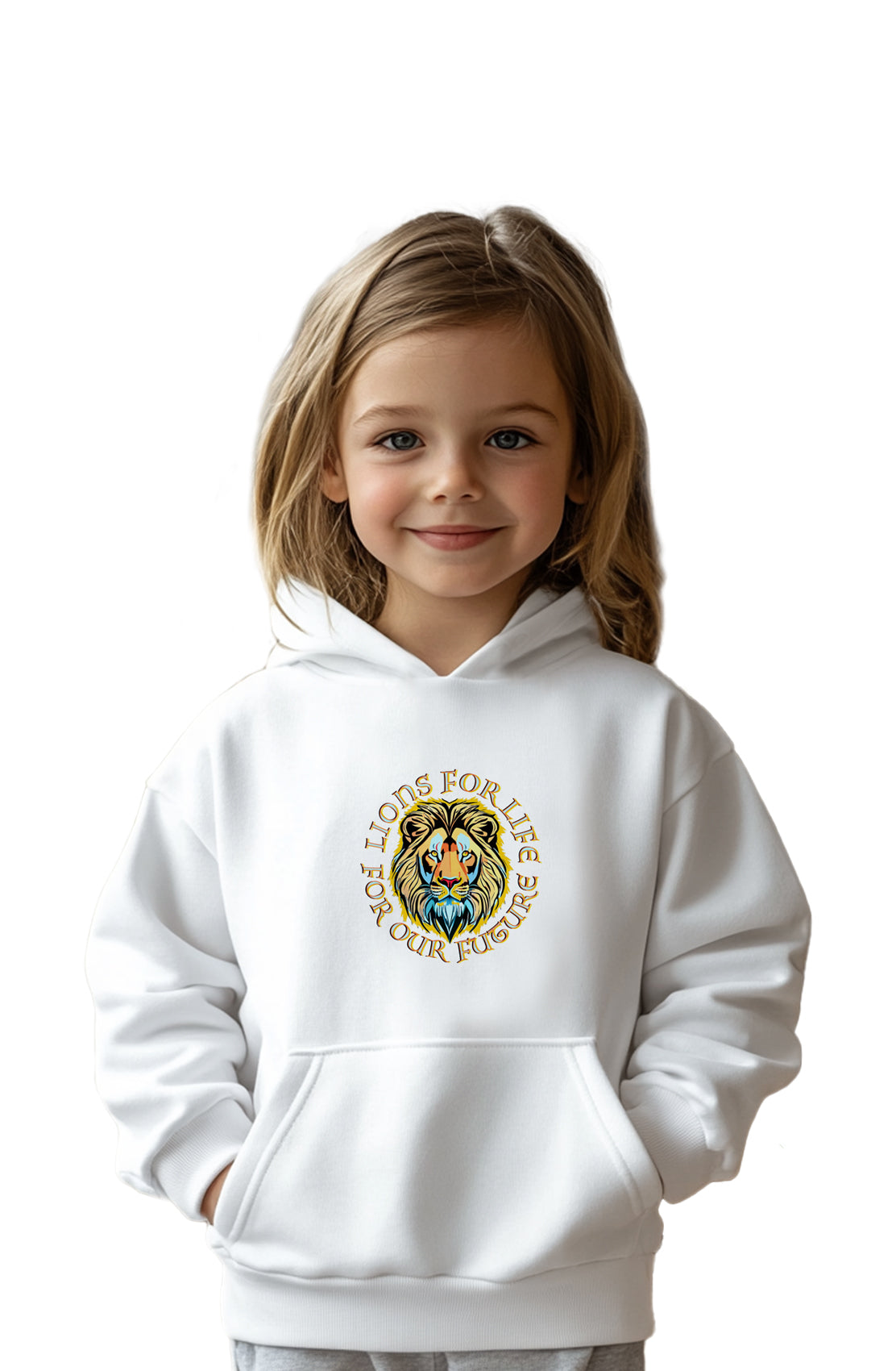 Daniel James London children's For Lions For Life white hoodie, front view