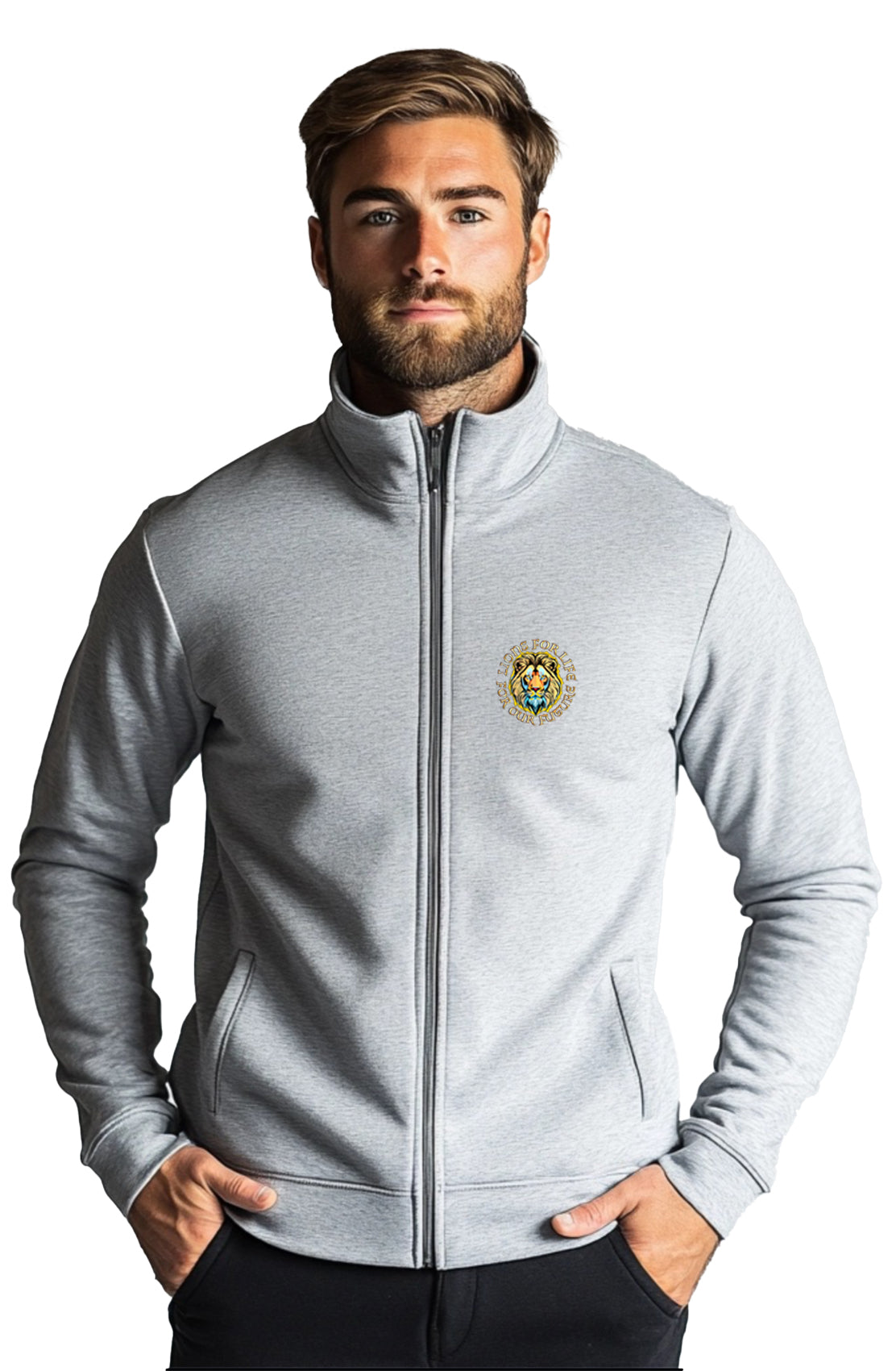 Daniel James London For Lions For Life heather grey zip sweat jacket, worn by male model