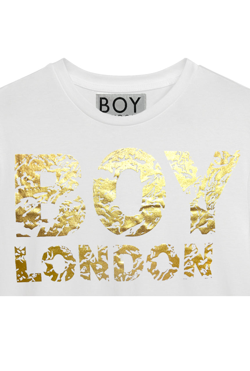 Original 1990s Boy London gold foil camouflage t-shirt, print close-up