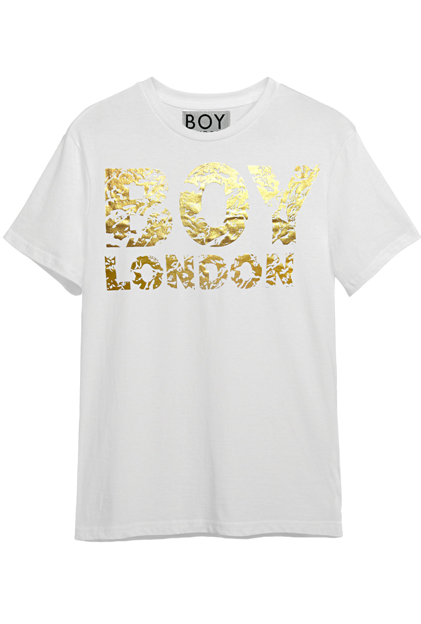 Original 1990s Boy London gold foil camouflage t-shirt, front view