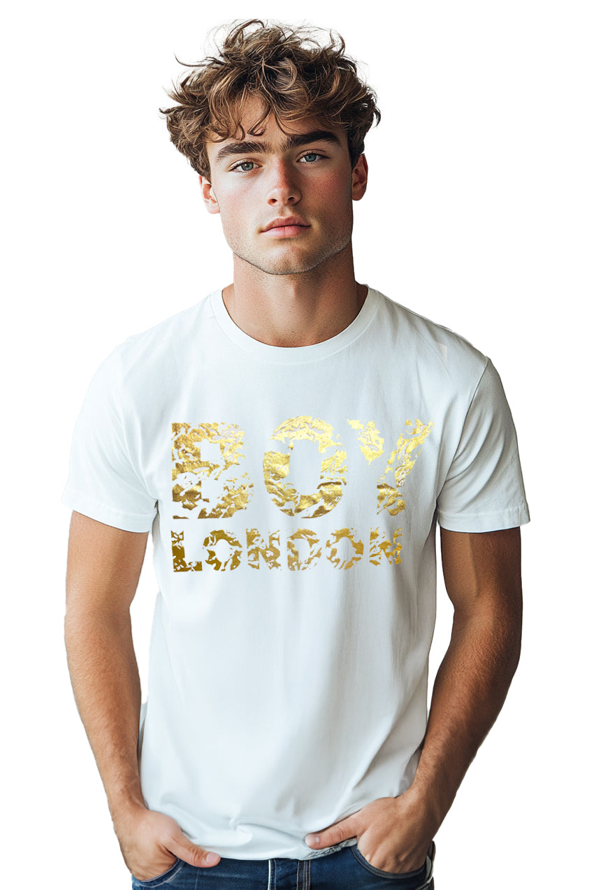 Original 1990s Boy London gold foil camouflage t-shirt, worn by male model