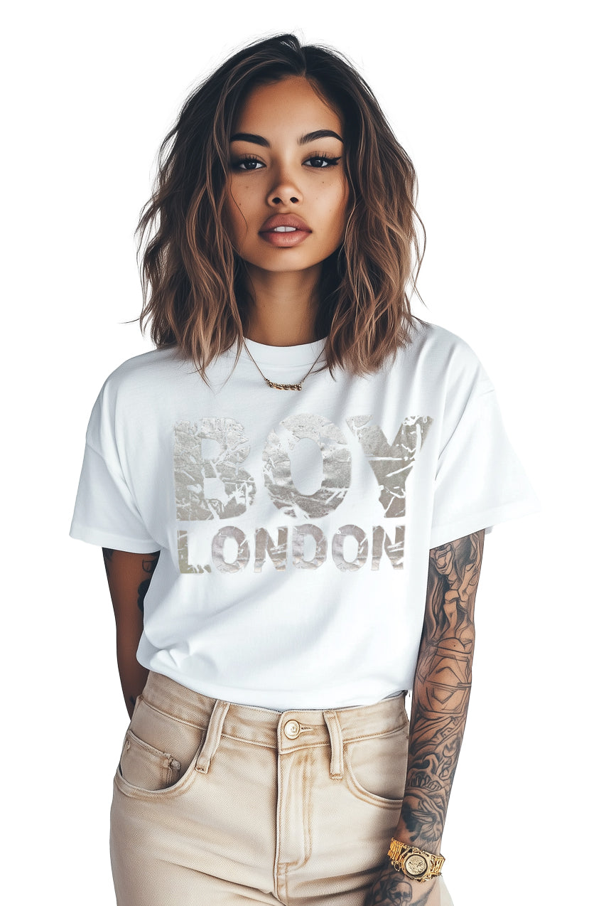 Original 1990s Boy London silver foil camouflage t-shirt, worn by model