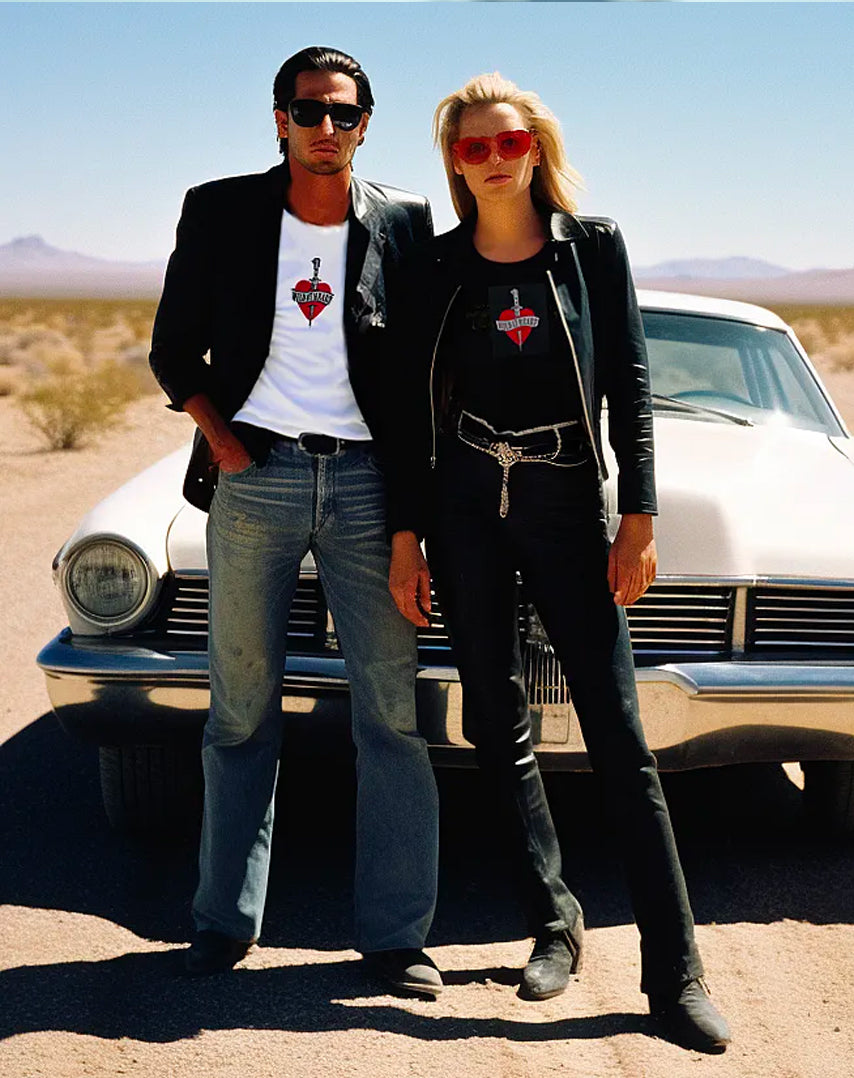 Wild At Heart t-shirts, white and black, worn by couple