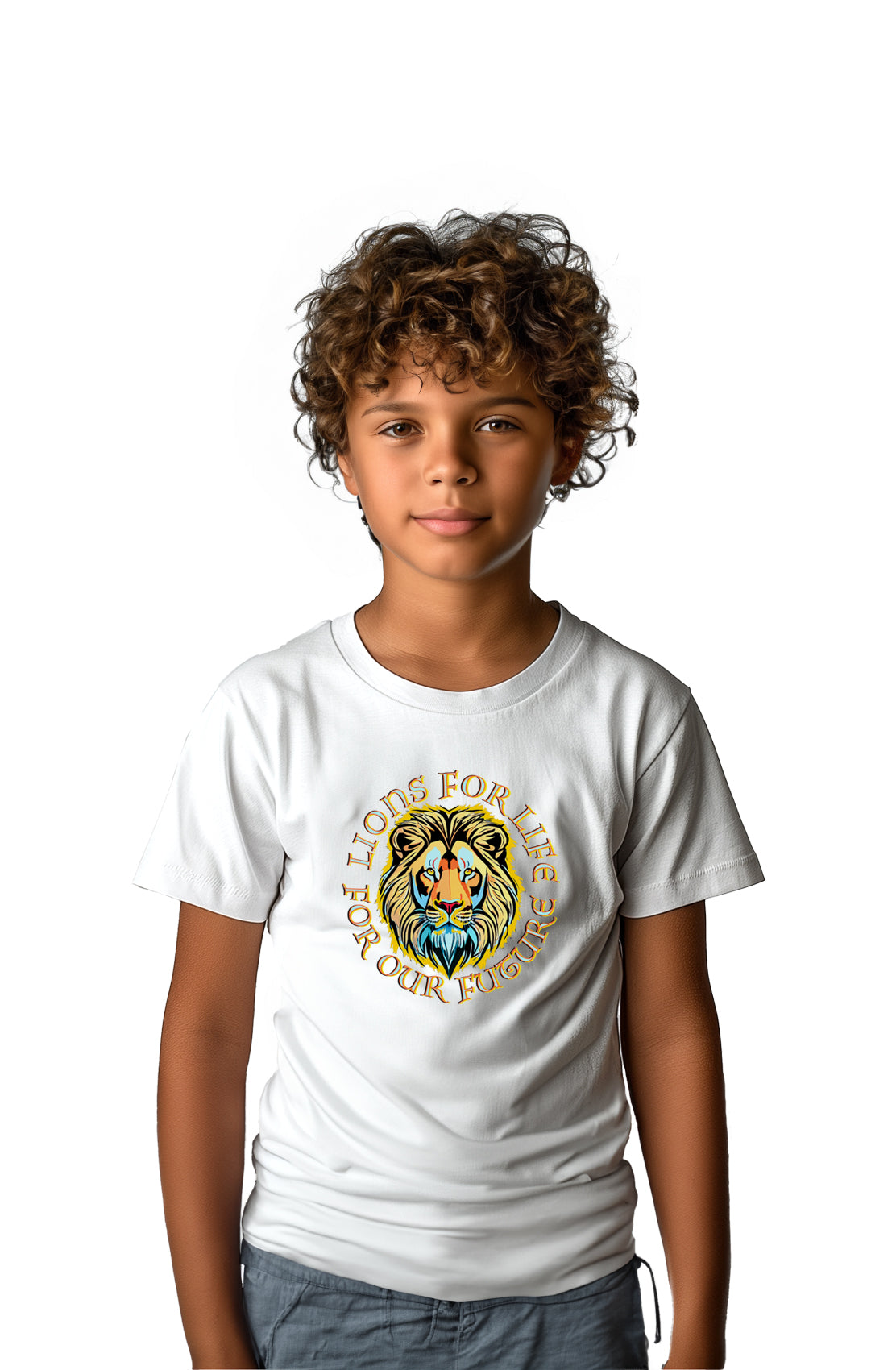 Daniel James London children's For Lions For Life white t-shirt, worn by child model