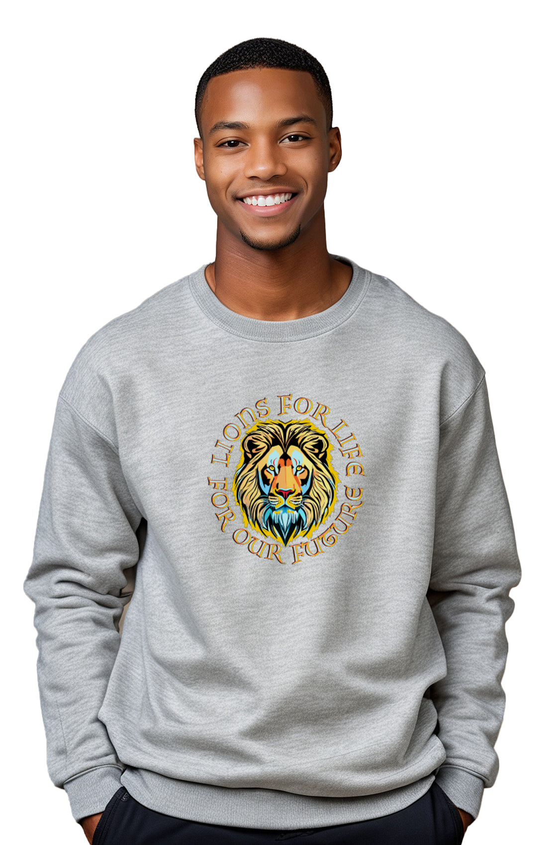 Daniel James London For Lions For Life heather grey unisex sweatshirt, worn by male model
