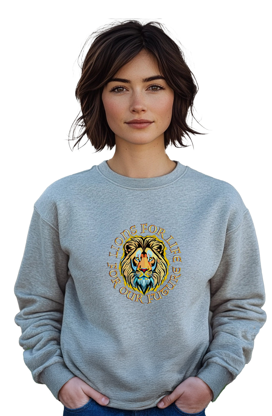 Daniel James London For Lions For Life heather grey unisex sweatshirt, worn by female model