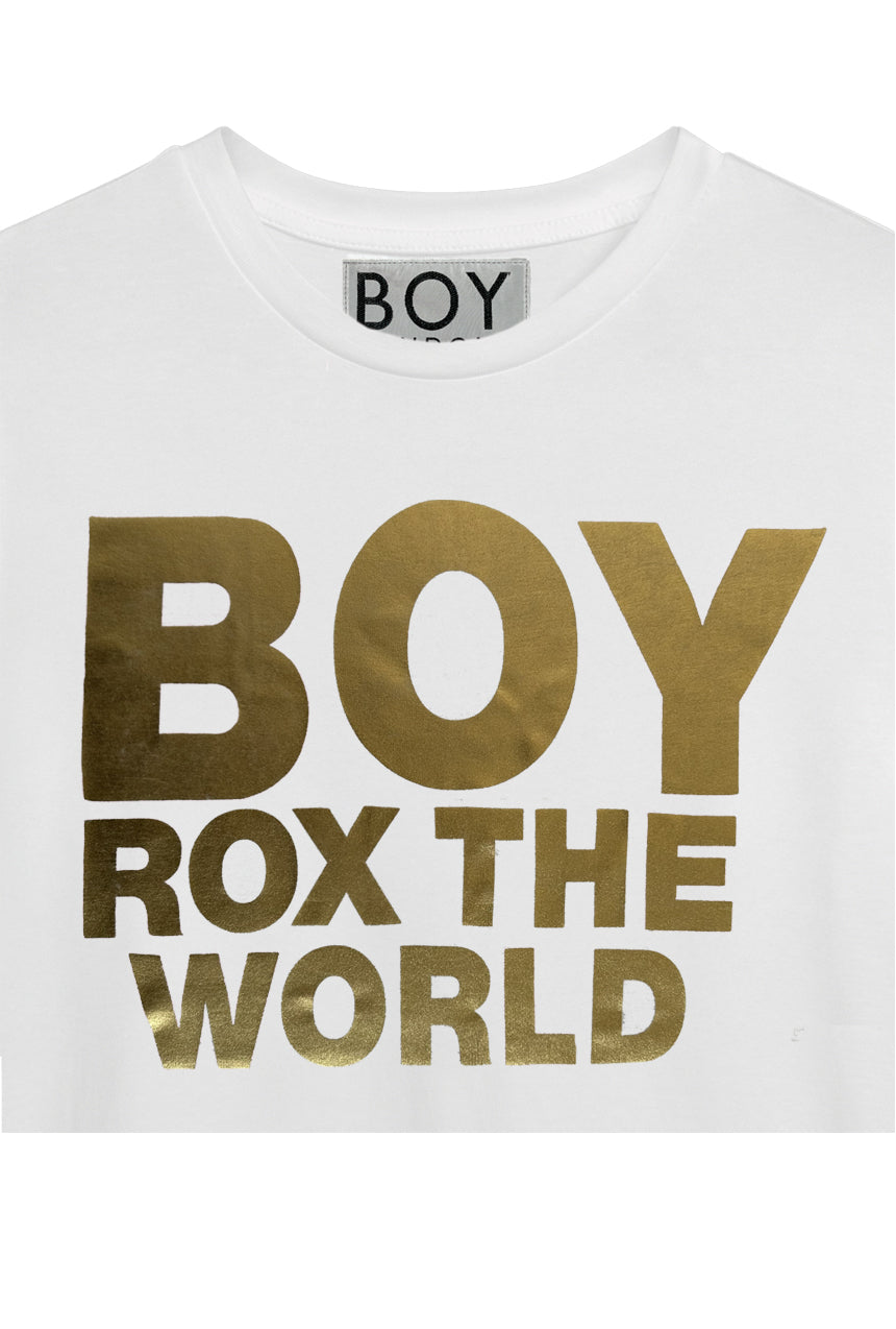Original 1990s Boy London Rox The World gold foil t-shirt, print close-up