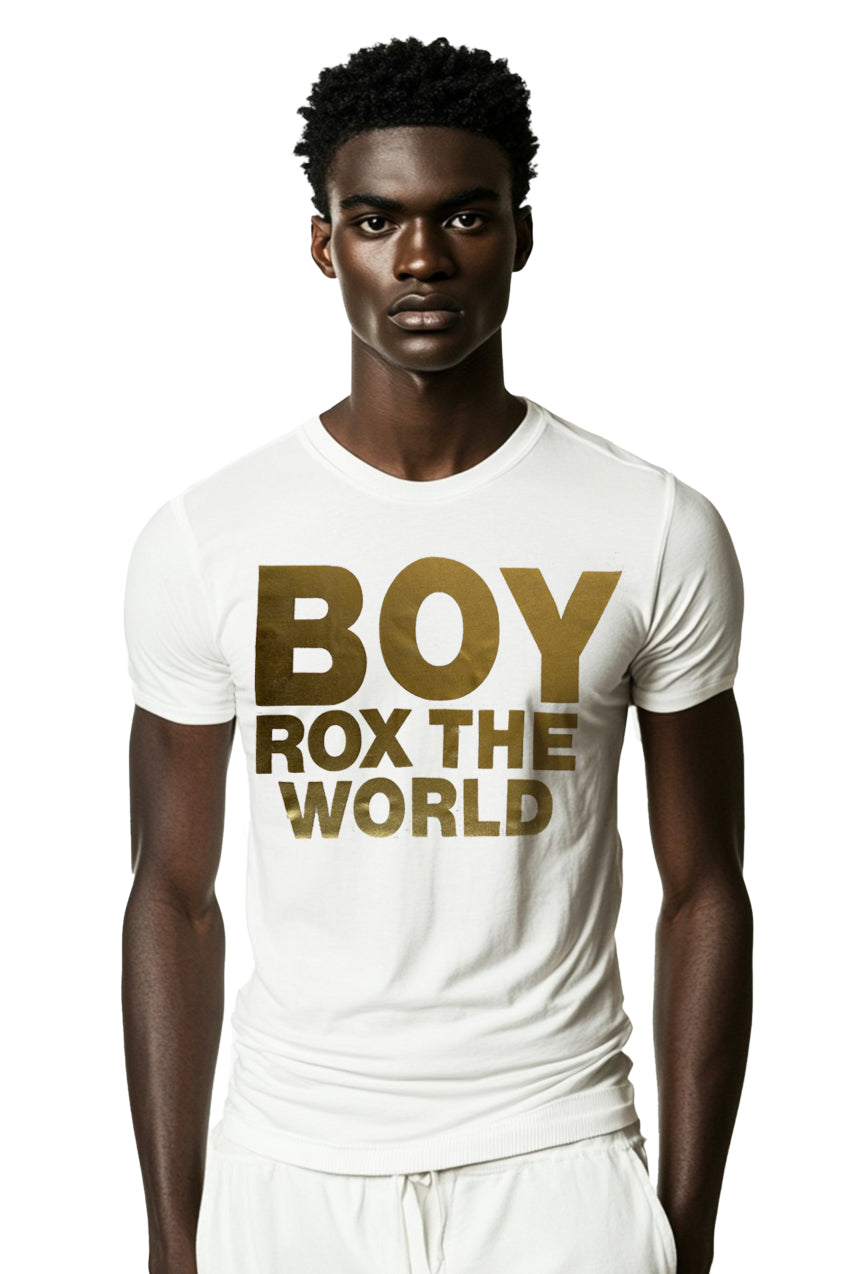 Original 1990s Boy London Rox The World gold foil t-shirt, worn by model