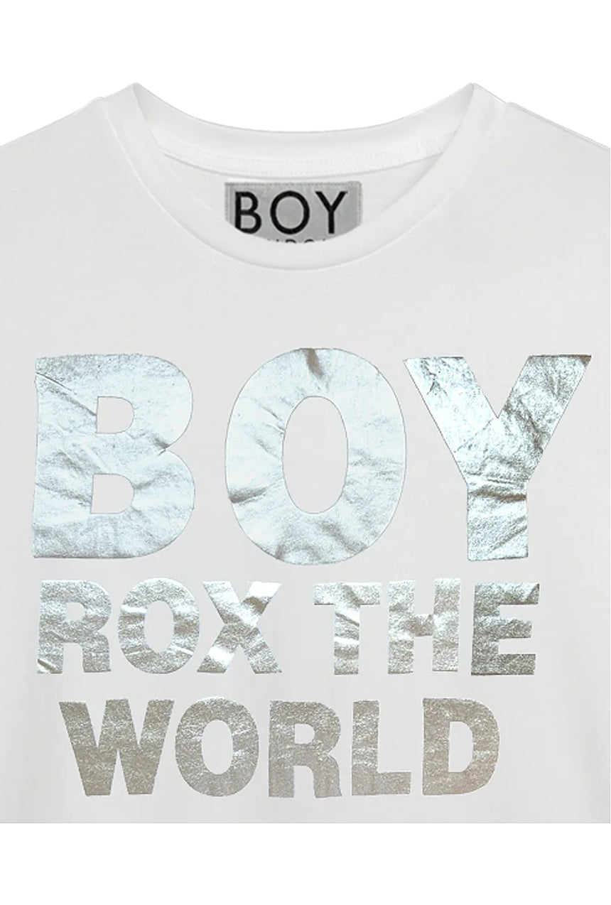 Original 1990s Boy London Rox The World silver foil t-shirt, print close-up