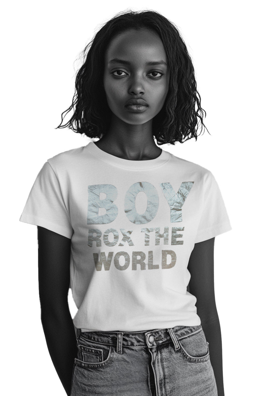 Original 1990s Boy London Rox The World silver foil t-shirt, worn by model