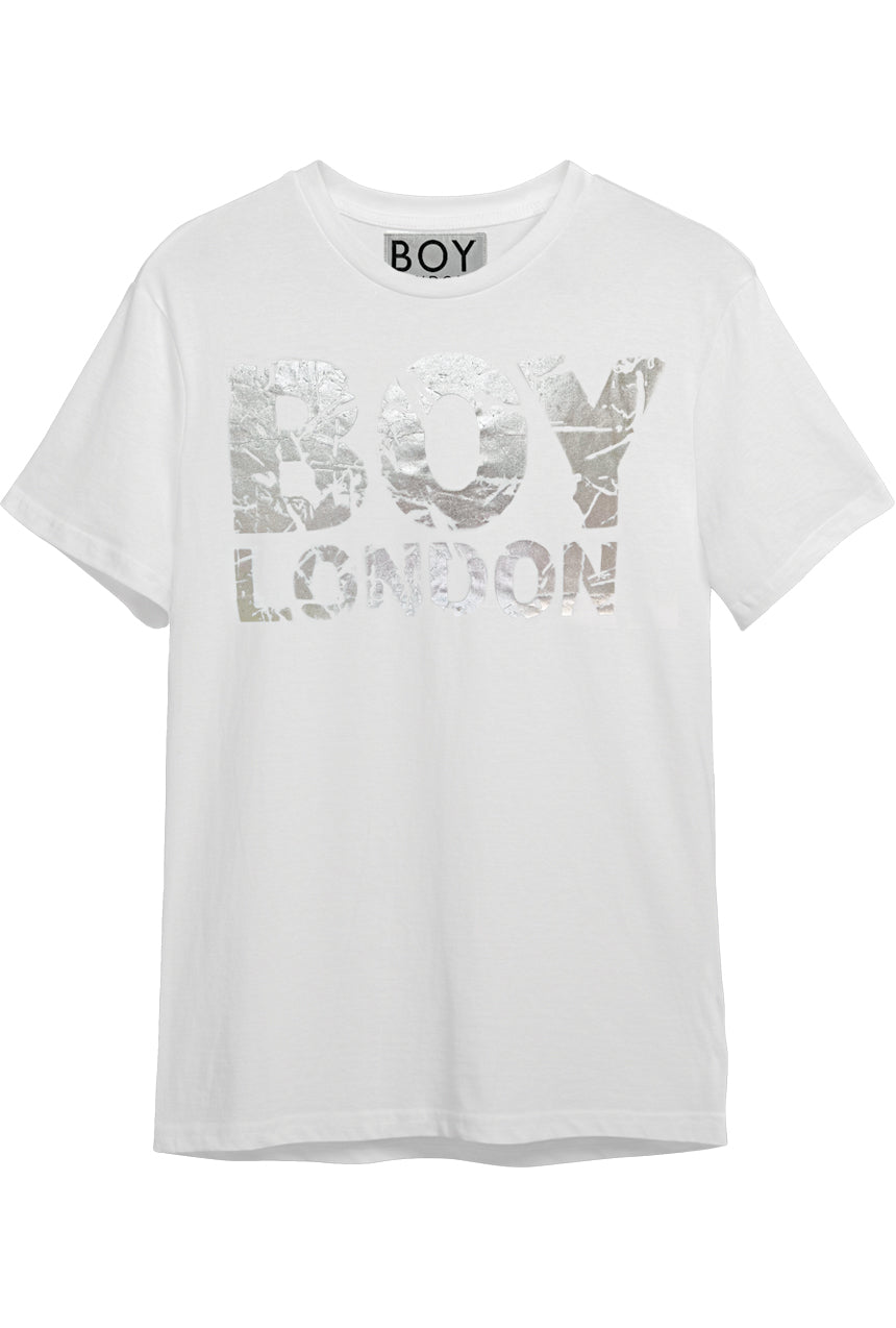 Original 1990s Boy London silver foil camouflage t-shirt, front view